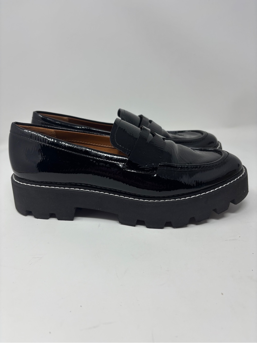 Franco Sarto Womens Balin Black Patent Chunky Penny Platform Loafer Size 8